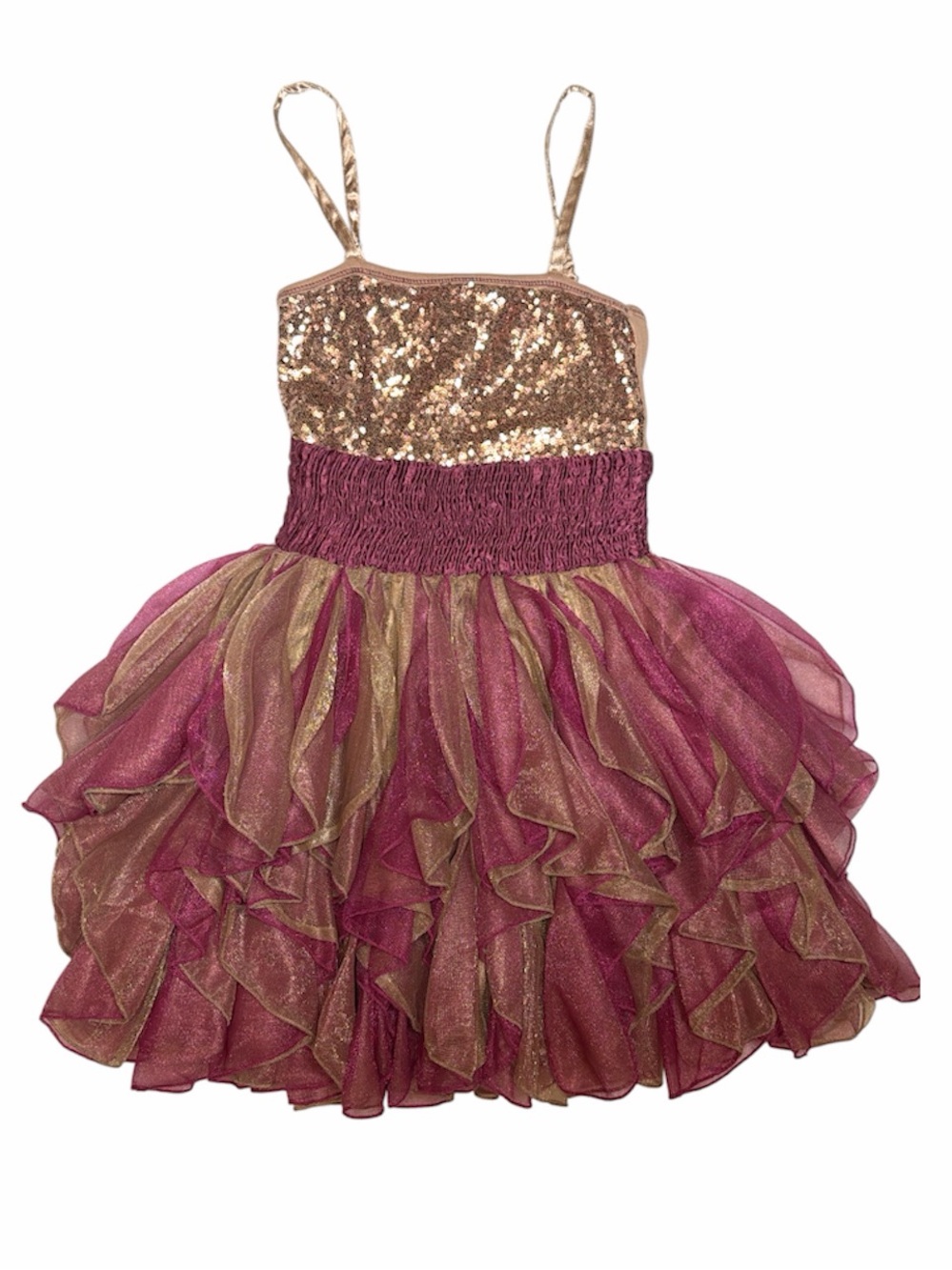 EUC Ooh! La, La! Couture Gold Sequin and Magenta Layered Tulle bow Dress 6